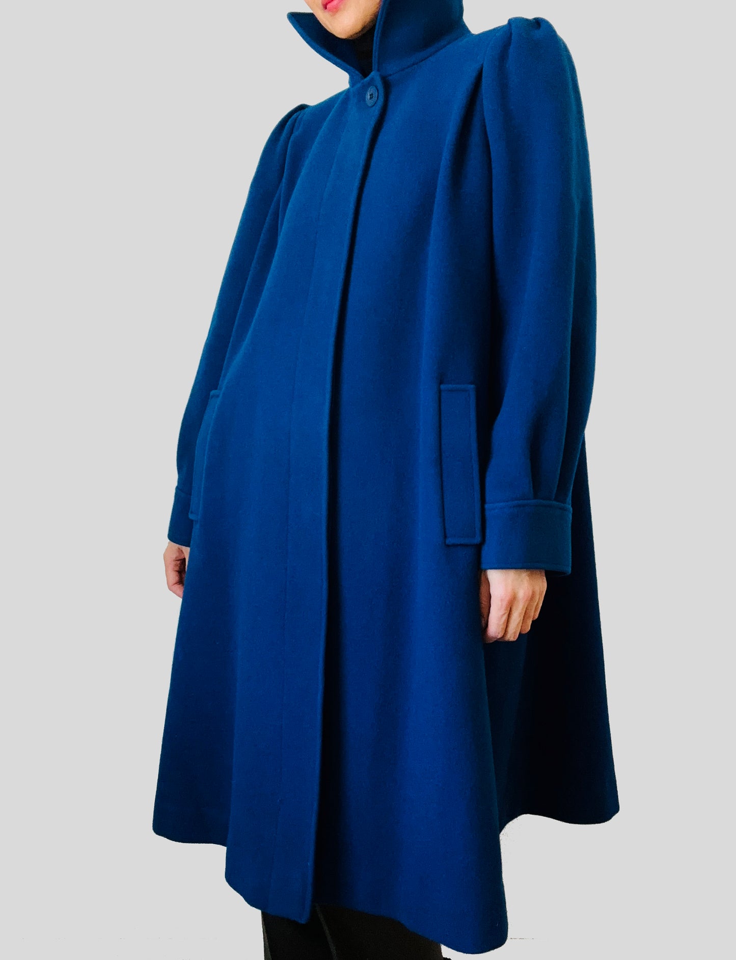 1960s Indigo Blue Made in Canada Heavy Wool Pleated Shoulder A-Line Dress Coat - Sz. S