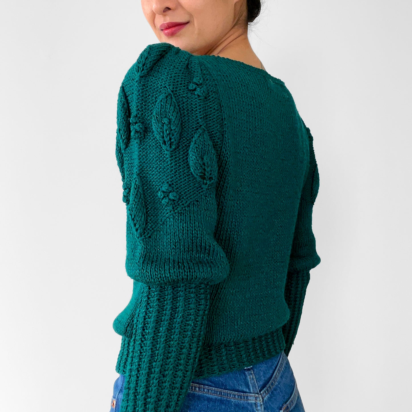 1980s Emerald Green Bobble Knit Leaf Top