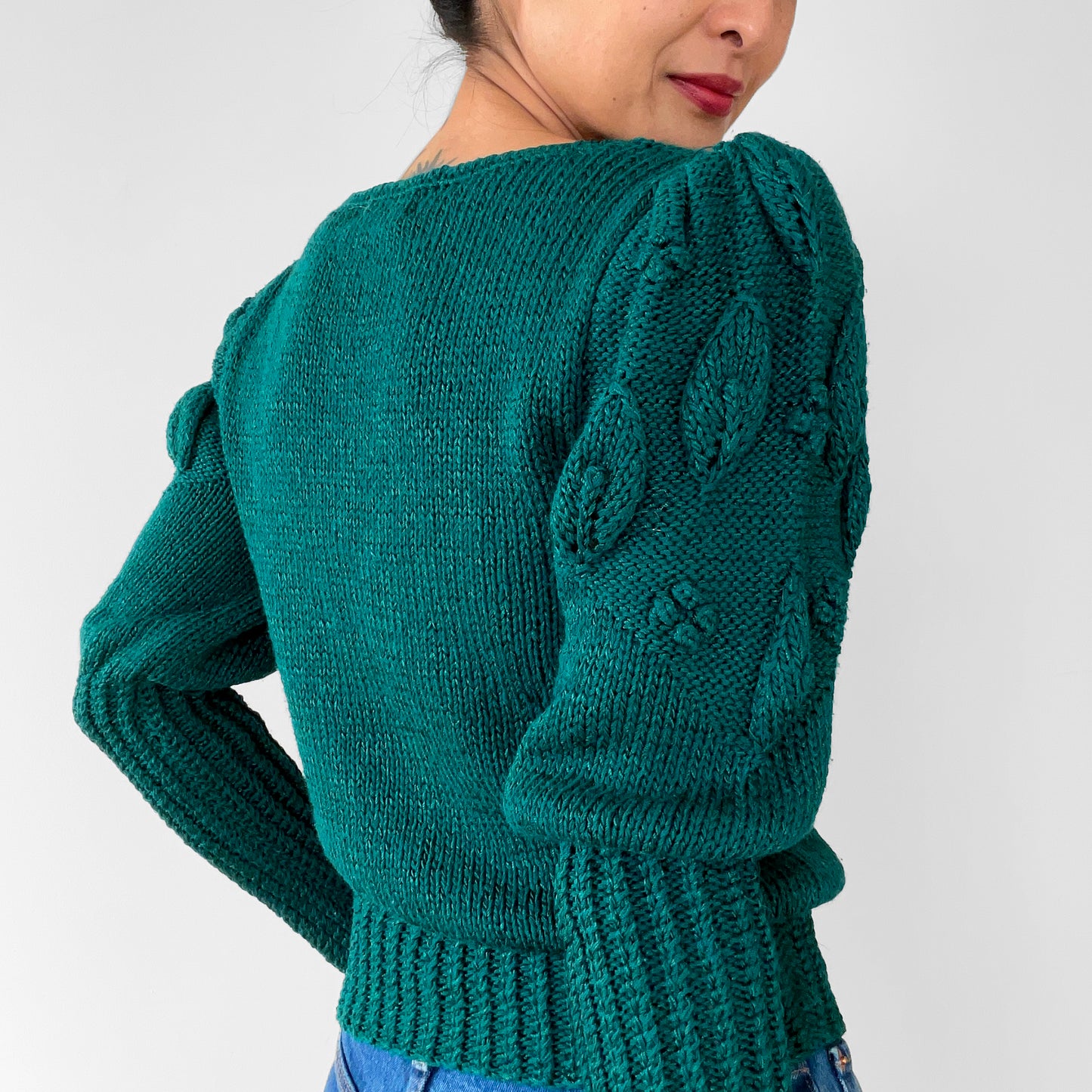 1980s Emerald Green Bobble Knit Leaf Top