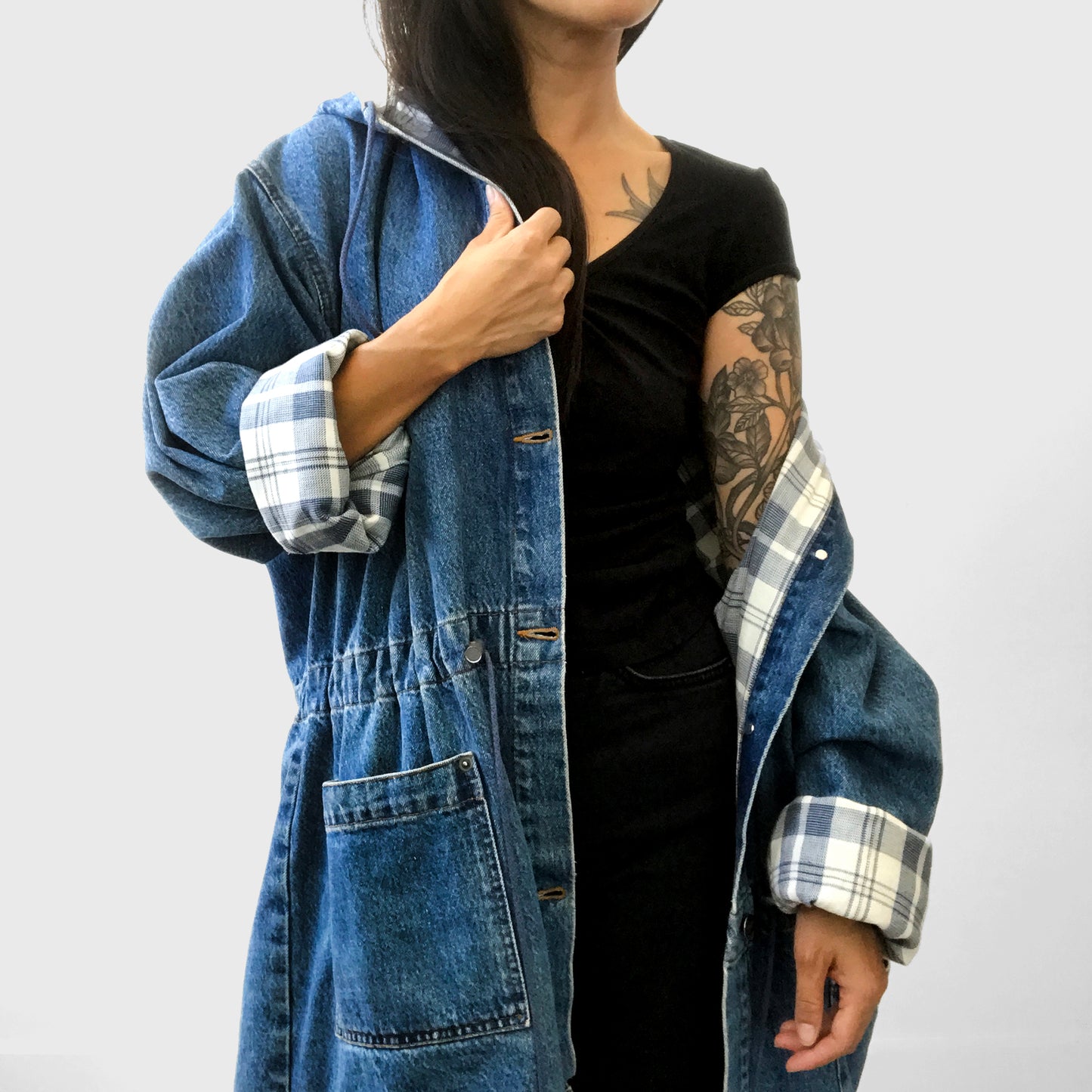 1980s Made in Canada Hooded Denim Plaid-Lined Cinched Waist Denim Jean Jacket