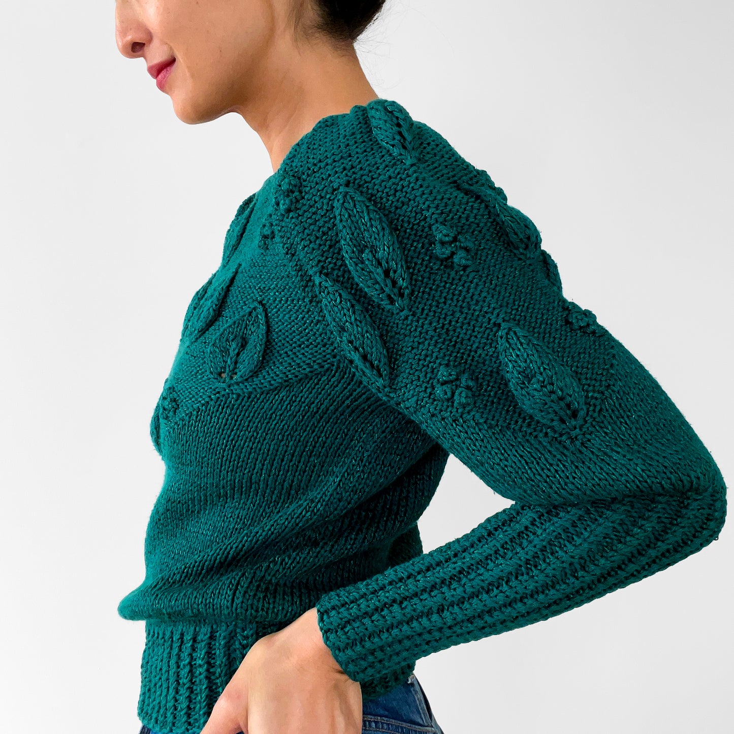 1980s Emerald Green Bobble Knit Leaf Top