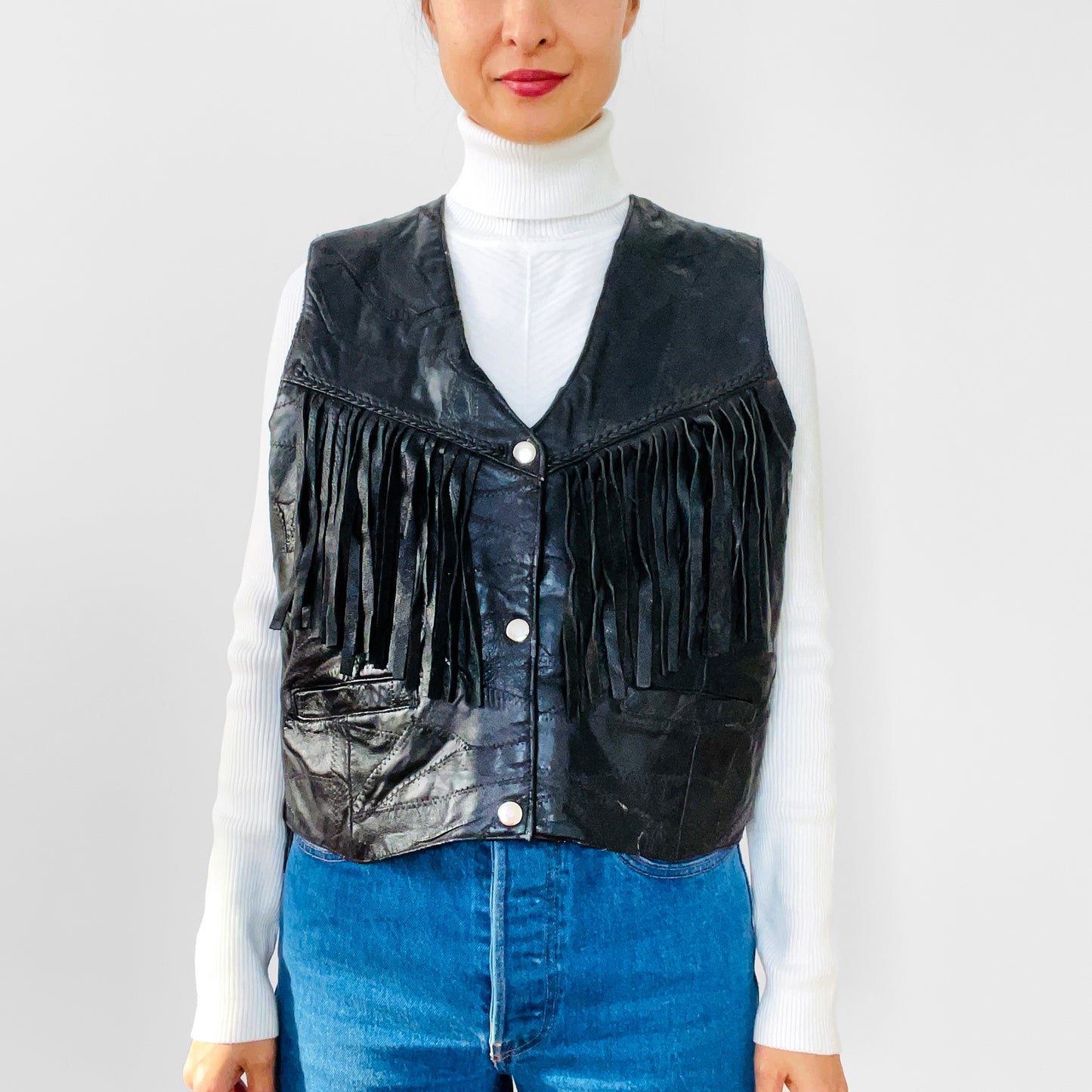 1970s Black Leather Patchwork Corset-Style Fringe Crop Biker Snap-Button Vest