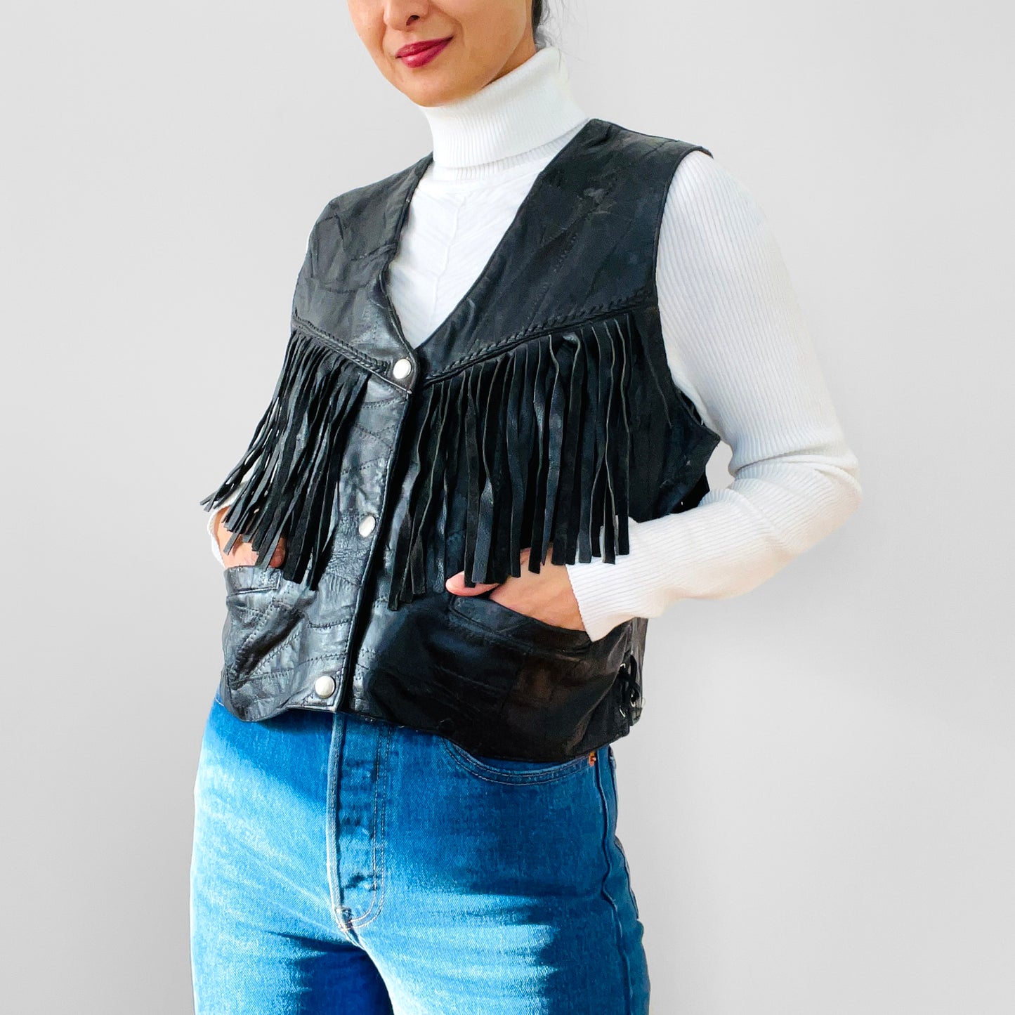 1970s Black Leather Patchwork Corset-Style Fringe Crop Biker Snap-Button Vest