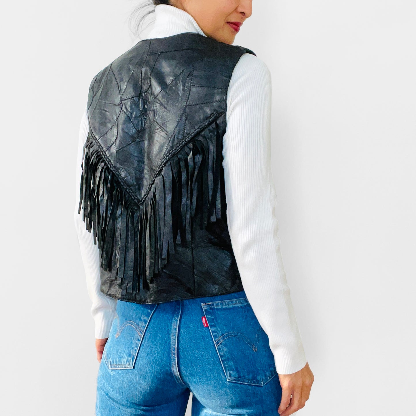 1970s Black Leather Patchwork Corset-Style Fringe Crop Biker Snap-Button Vest