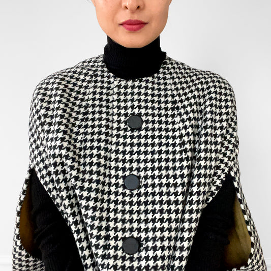 1960s Houndstooth Wool Faux-Fur Lined Cape