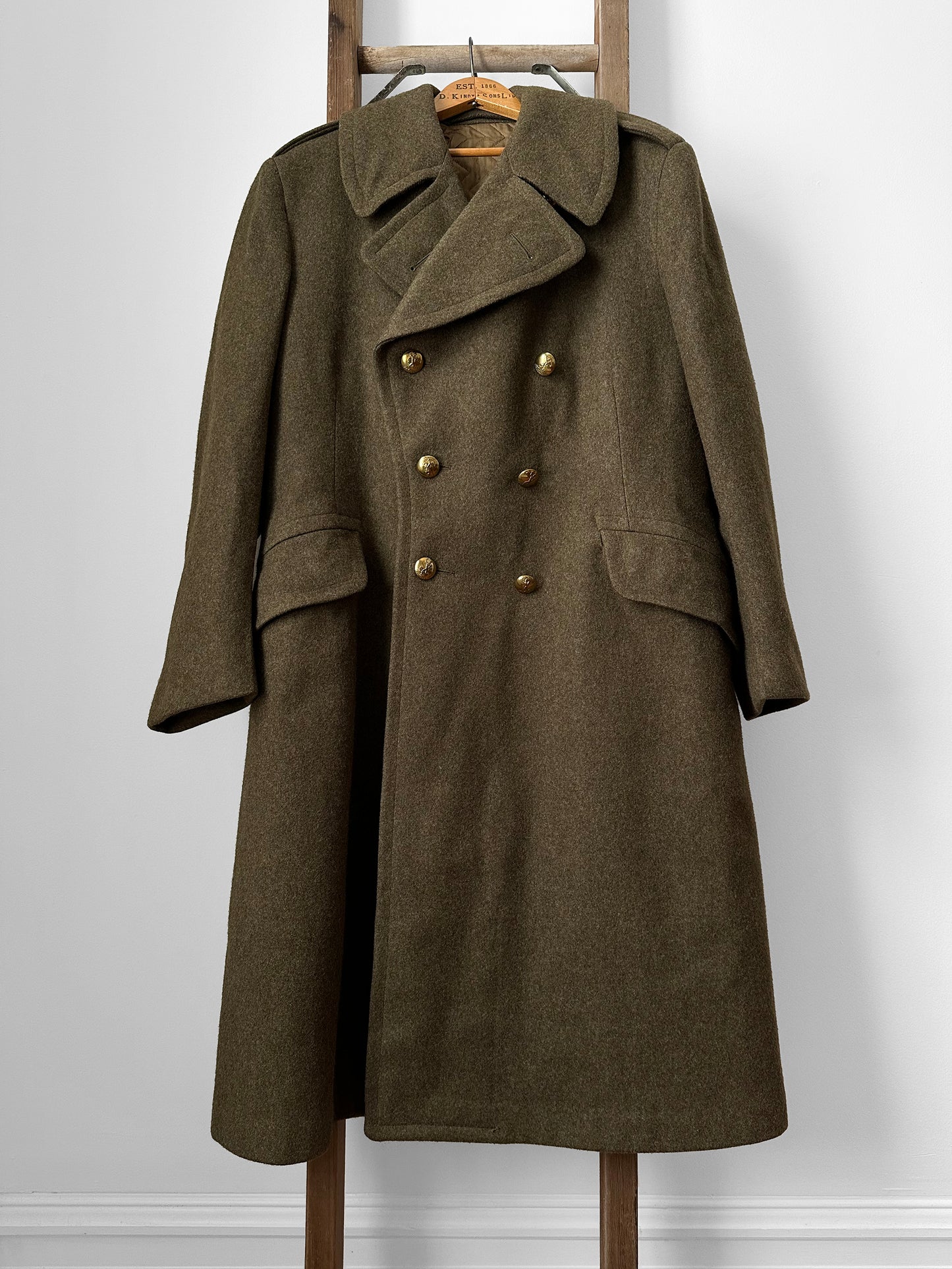 1950s EATON Co. Made in Canada Olive Green Military Quilted Heavy Double-Breasted Wool Gold Button Coat - Sz. M/L