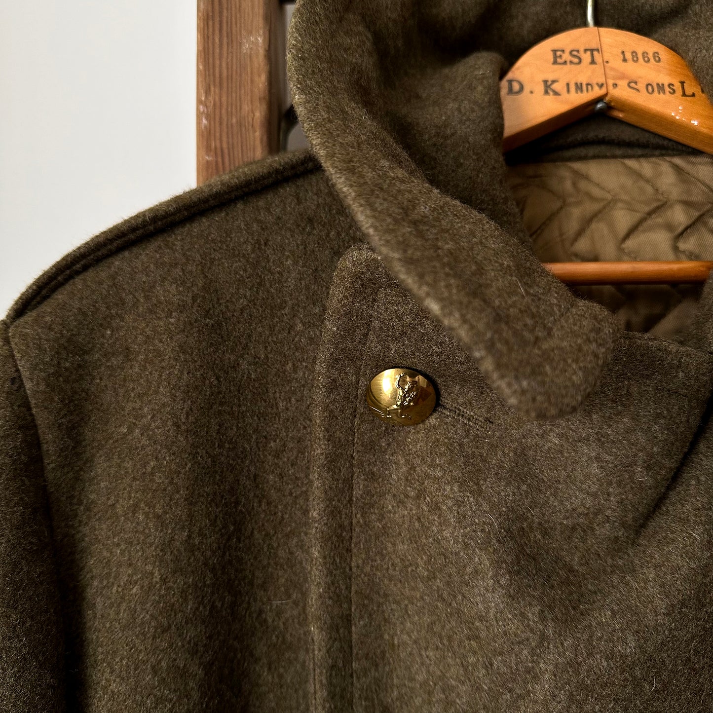 1950s EATON Co. Made in Canada Olive Green Military Quilted Heavy Double-Breasted Wool Gold Button Coat - Sz. M/L