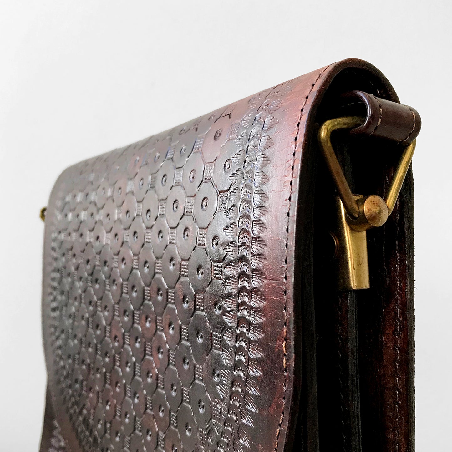 1970s Structured Dark-Brown Tooled Leather Crossbody Purse