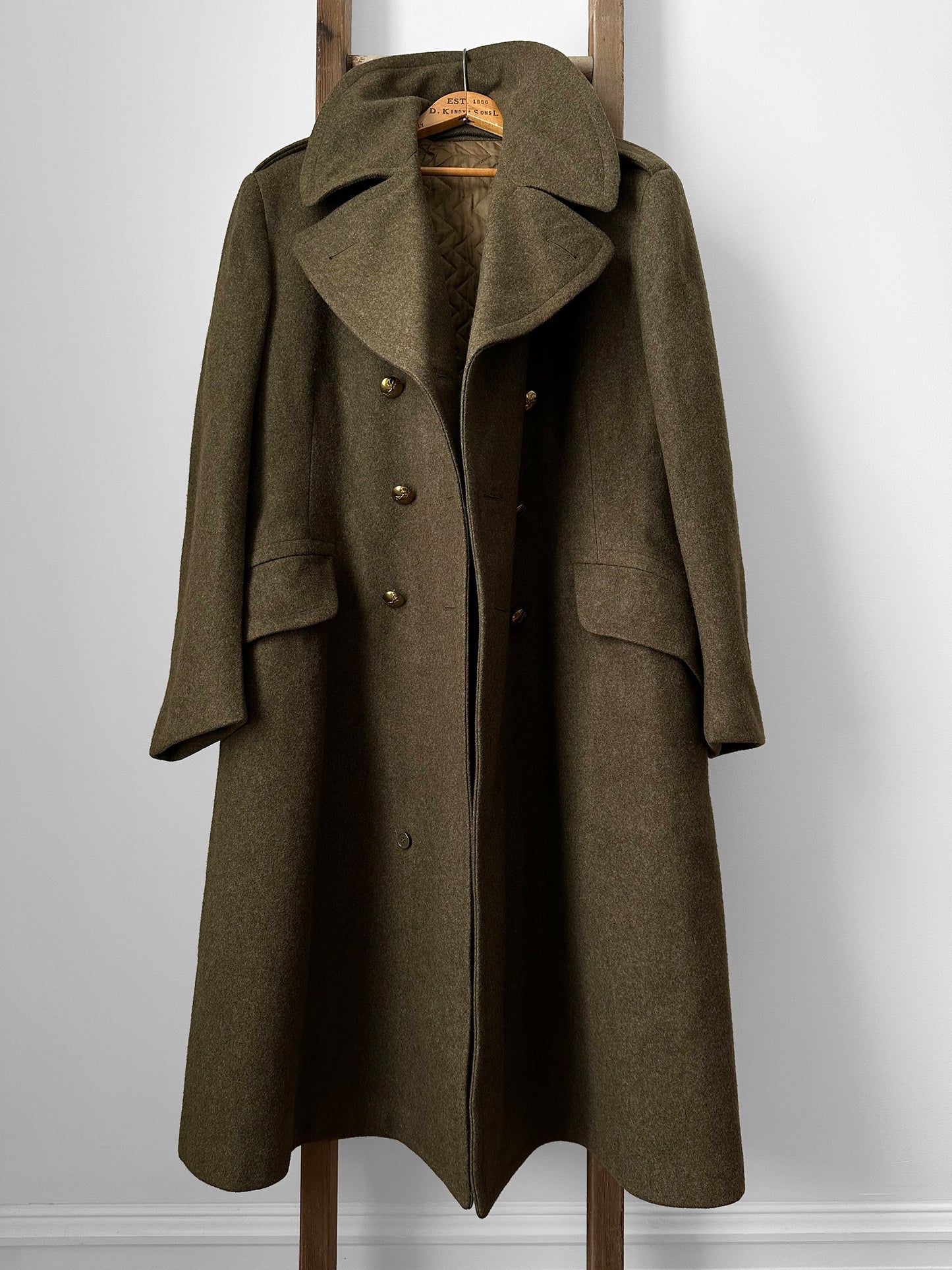 1950s EATON Co. Made in Canada Olive Green Military Quilted Heavy Double-Breasted Wool Gold Button Coat - Sz. M/L