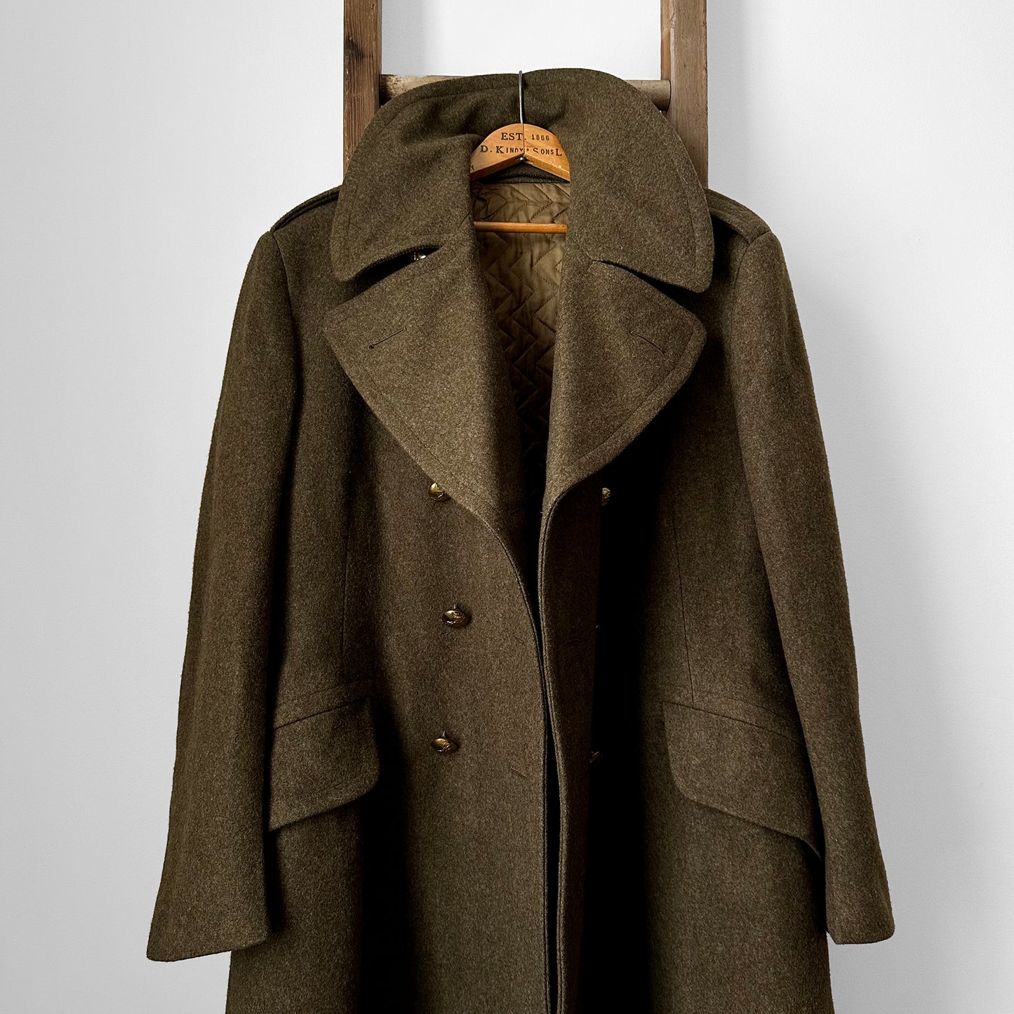 1950s EATON Co. Made in Canada Olive Green Military Quilted Heavy Double-Breasted Wool Gold Button Coat - Sz. M/L