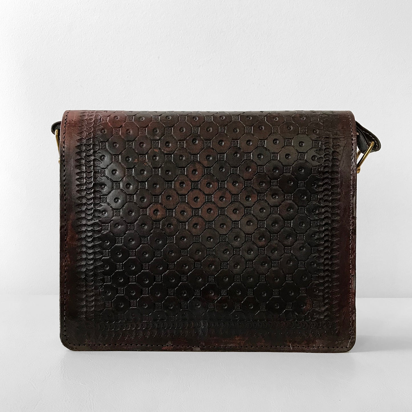 1970s Structured Dark-Brown Tooled Leather Crossbody Purse