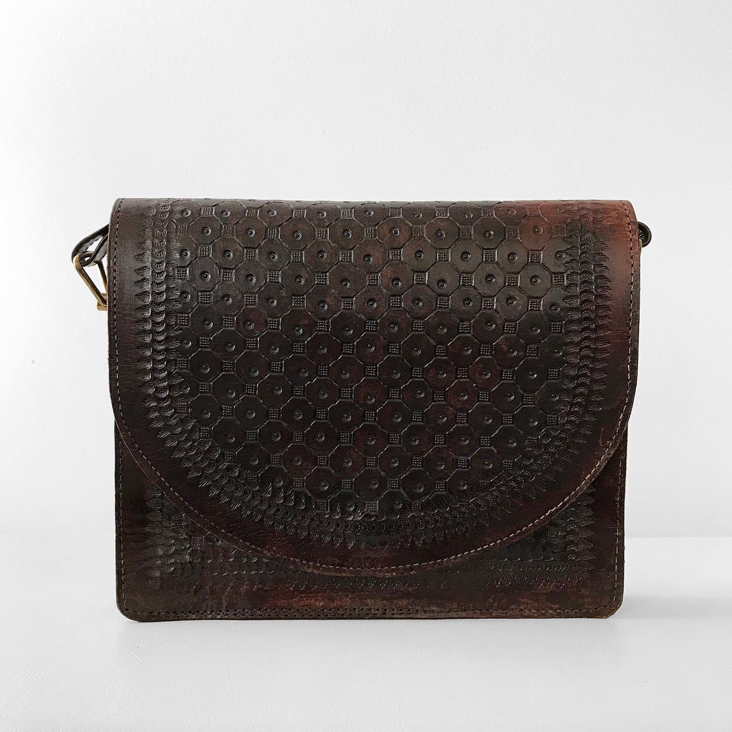 1970s Structured Dark-Brown Tooled Leather Crossbody Purse