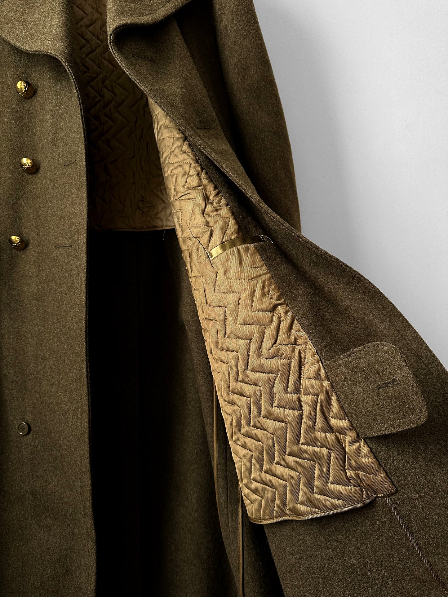 1950s EATON Co. Made in Canada Olive Green Military Quilted Heavy Double-Breasted Wool Gold Button Coat - Sz. M/L