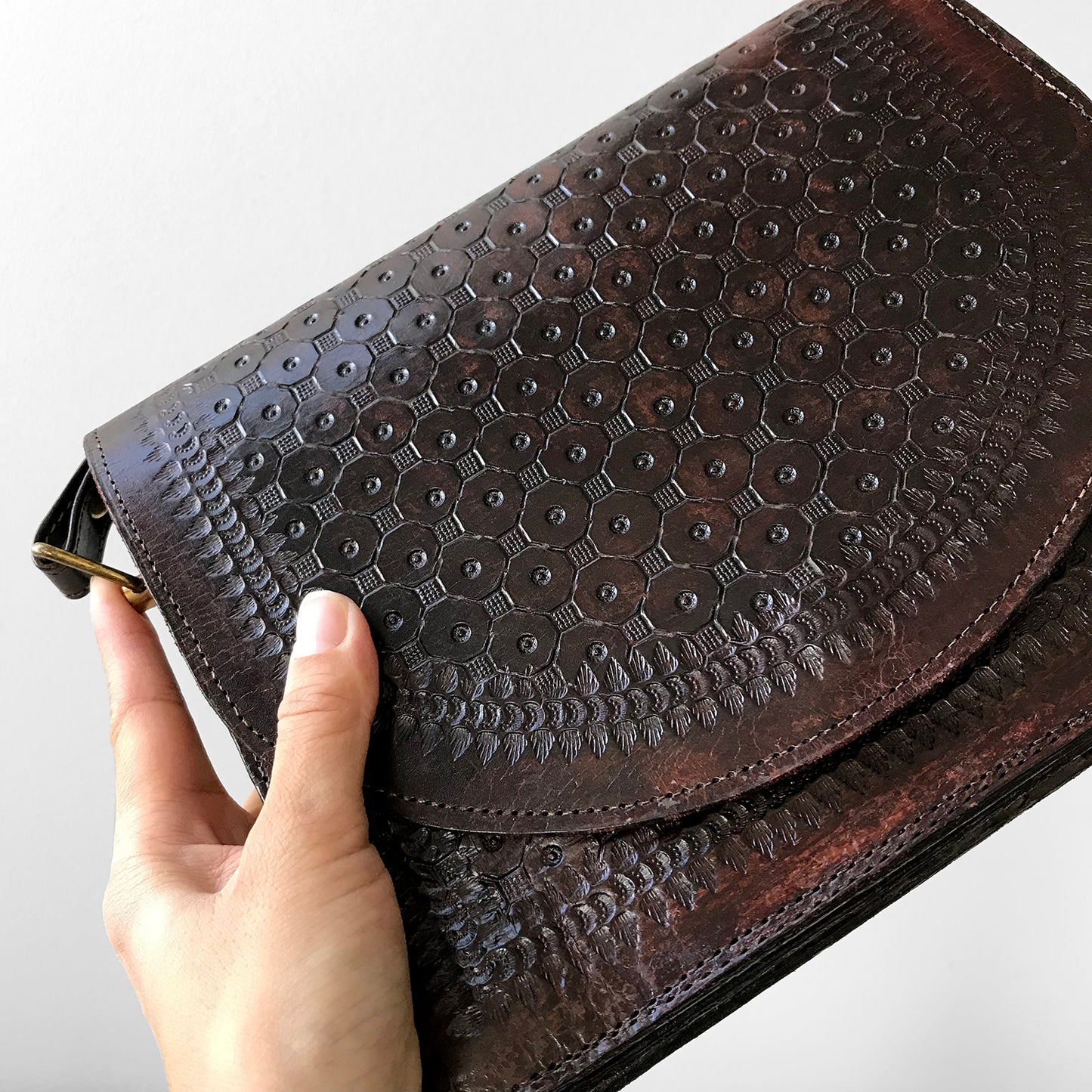 1970s Structured Dark-Brown Tooled Leather Crossbody Purse