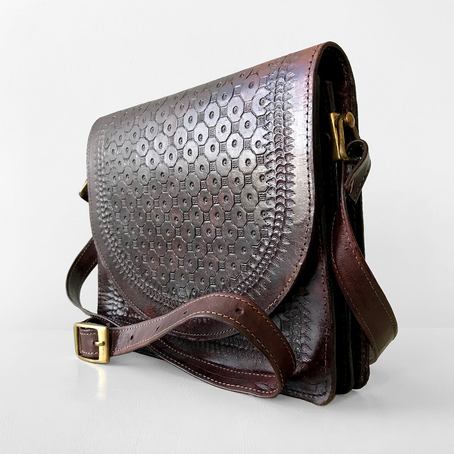 1970s Structured Dark-Brown Tooled Leather Crossbody Purse