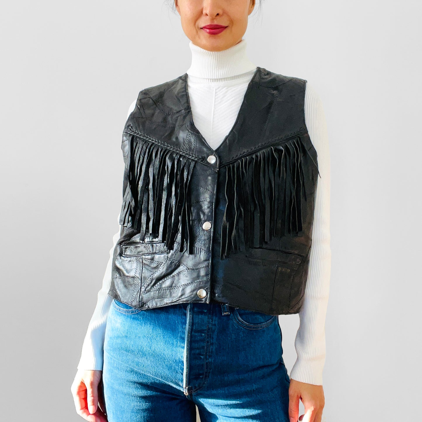 1970s Black Leather Patchwork Corset-Style Fringe Crop Biker Snap-Button Vest