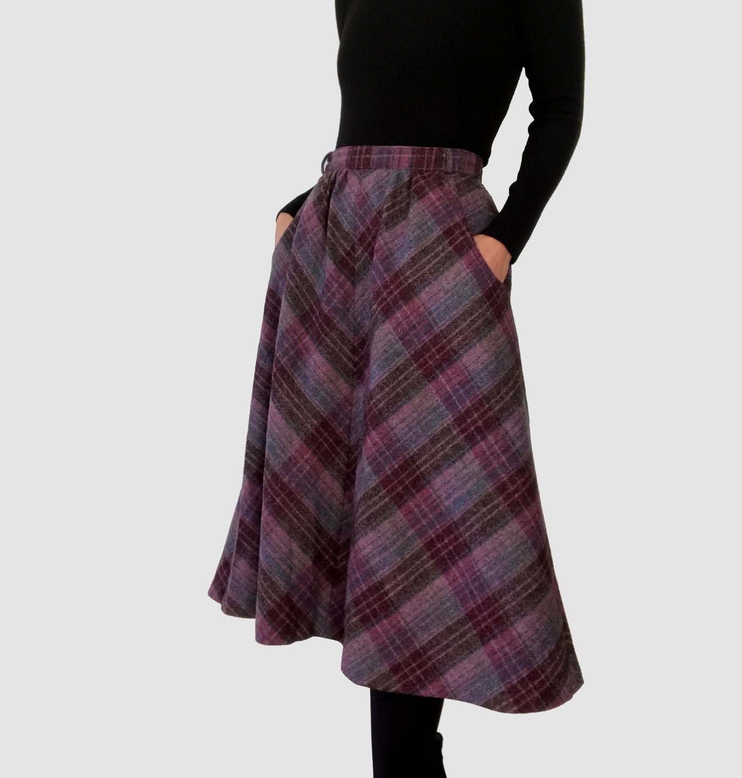 1960s Plum Plaid Wool A-line Skirt