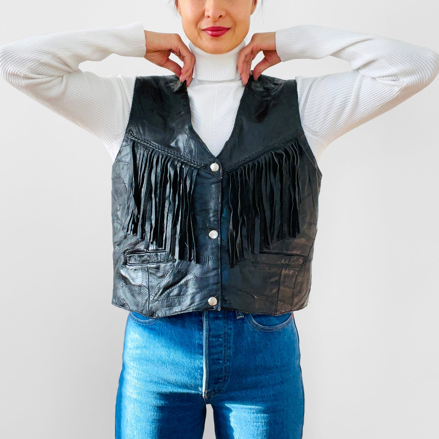 1970s Black Leather Patchwork Corset-Style Fringe Crop Biker Snap-Button Vest