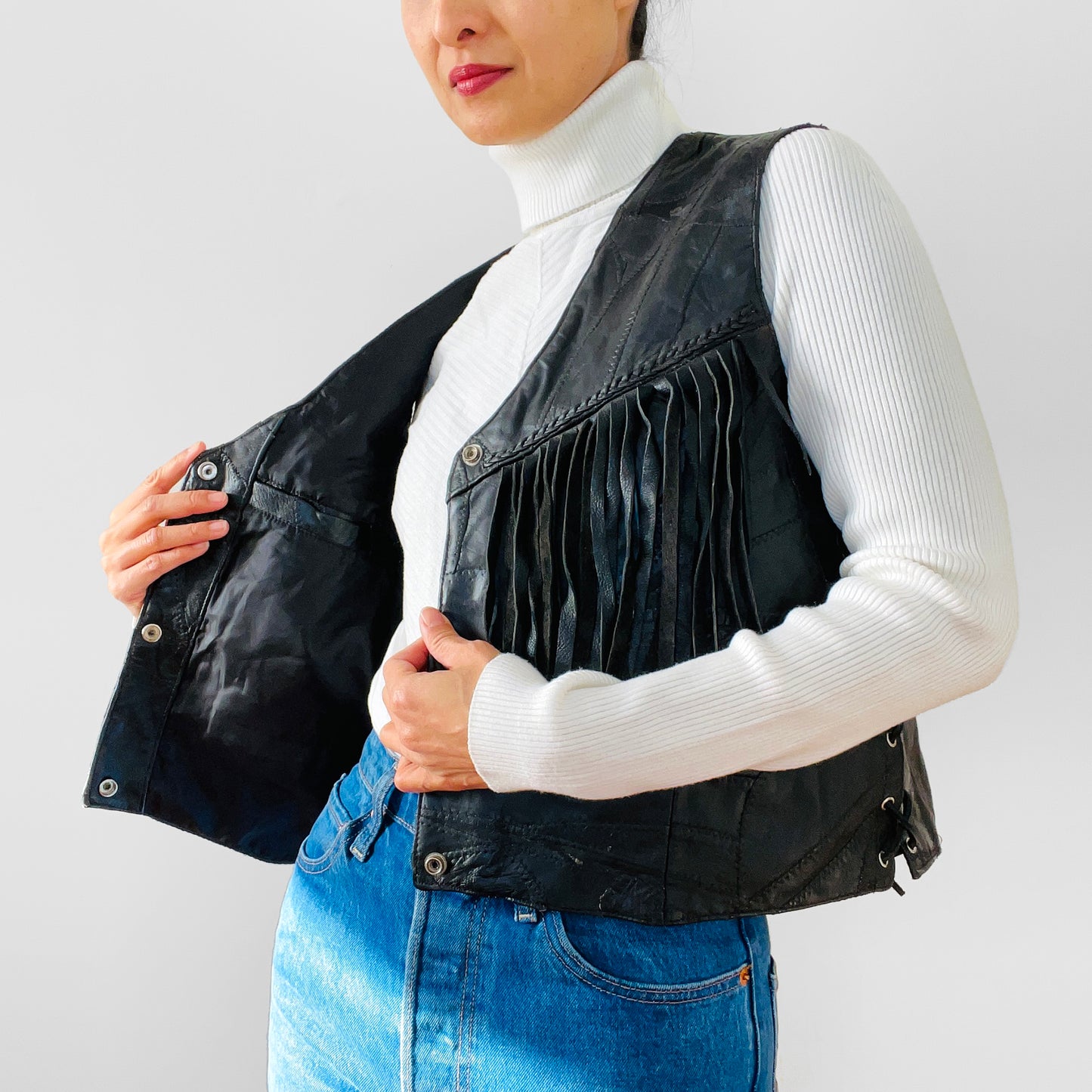 1970s Black Leather Patchwork Corset-Style Fringe Crop Biker Snap-Button Vest