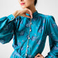 1970s Teal Floral Button-Front Belted Elastic Waist Dress - Sz. S