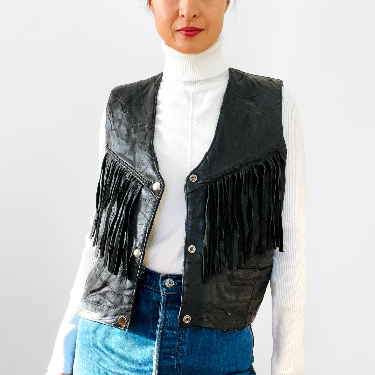 1970s Black Leather Patchwork Corset-Style Fringe Crop Biker Snap-Button Vest