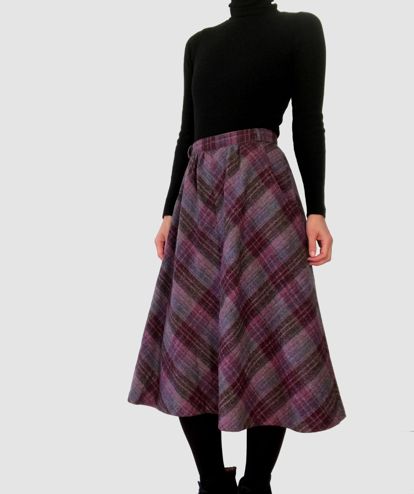 1960s Plum Plaid Wool A-line Skirt