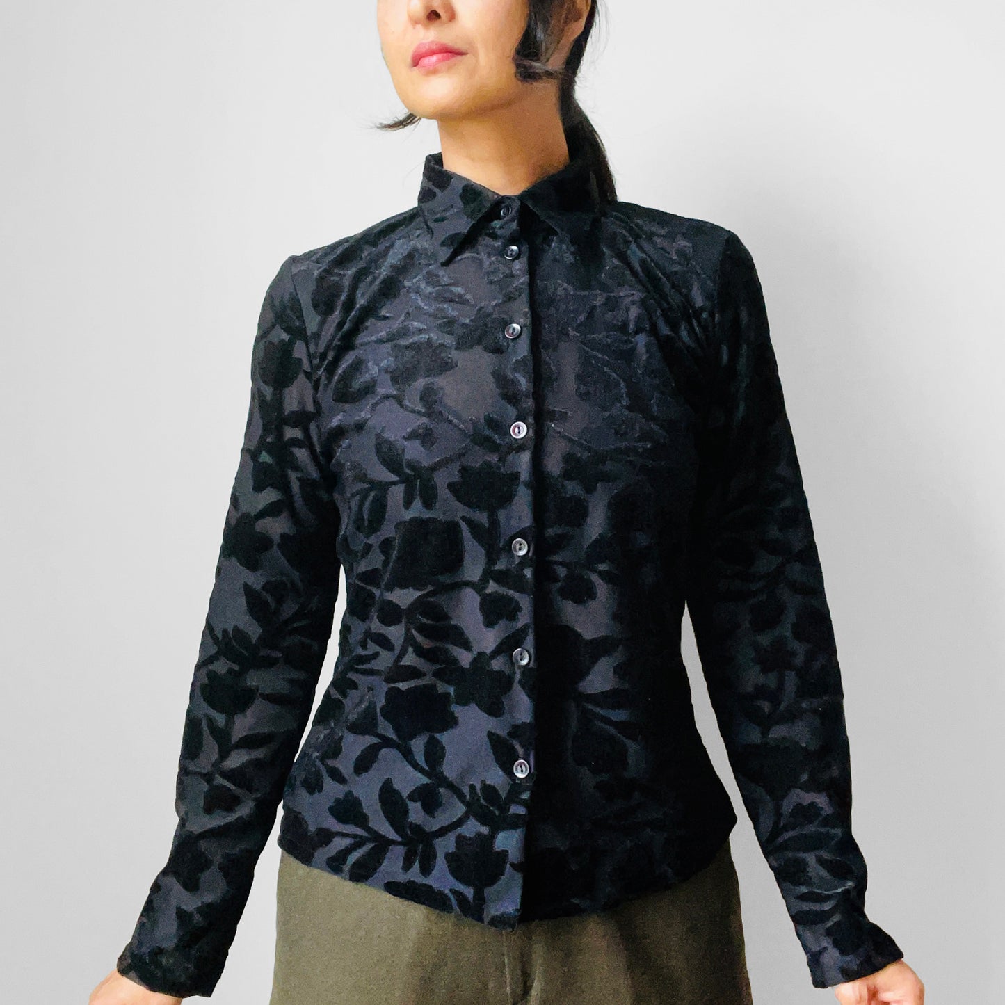 1970s Made in Canada Floral Black Velvety Collared Button-Front Long-Sleeve Shirt - Sz. S