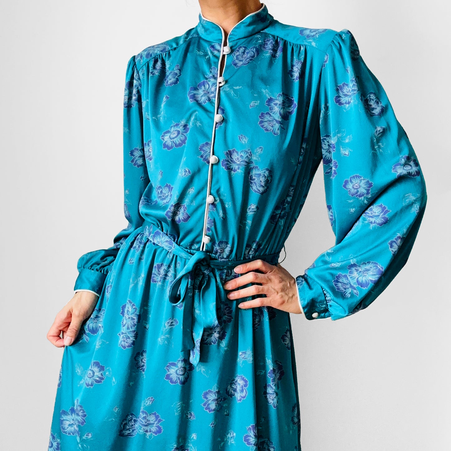 1970s Teal Floral Button-Front Belted Elastic Waist Dress - Sz. S