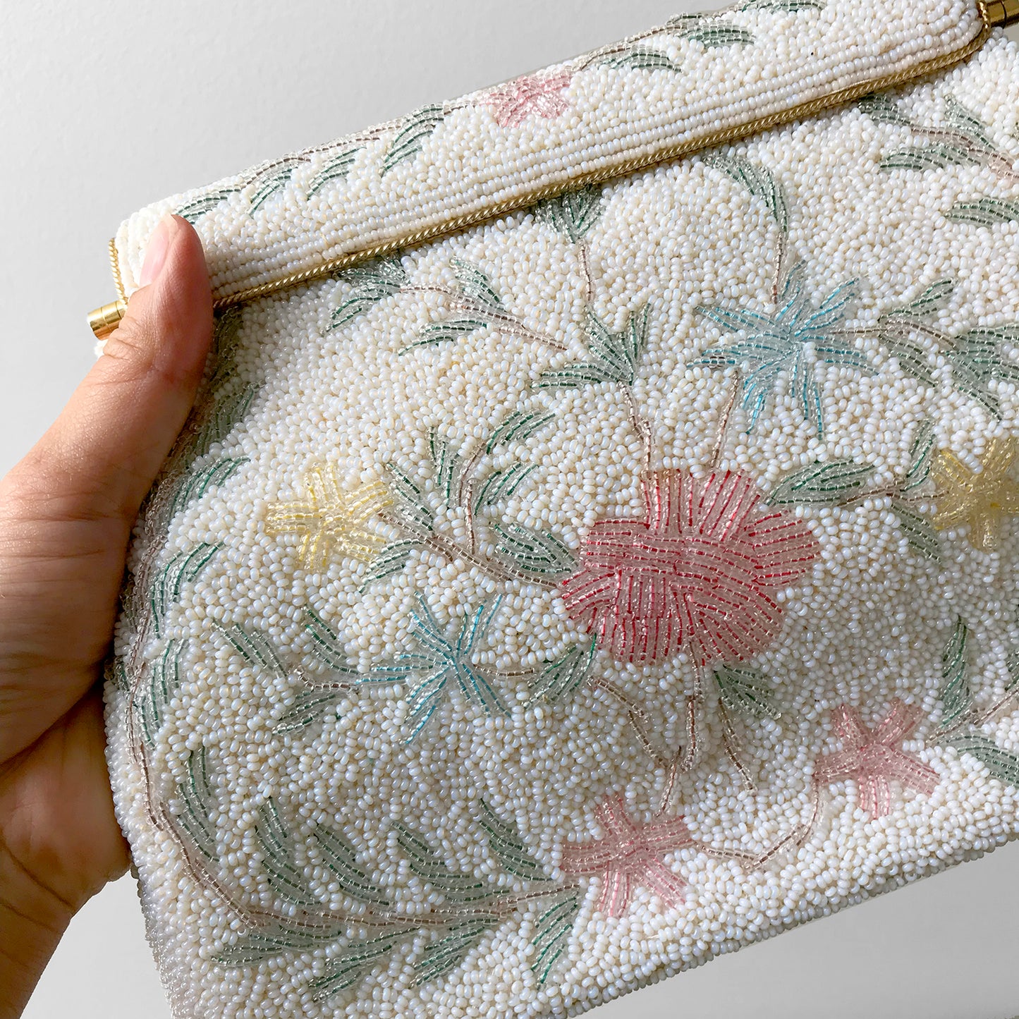 1950s Floral Beaded Top-Handle Handbag Evening Purse