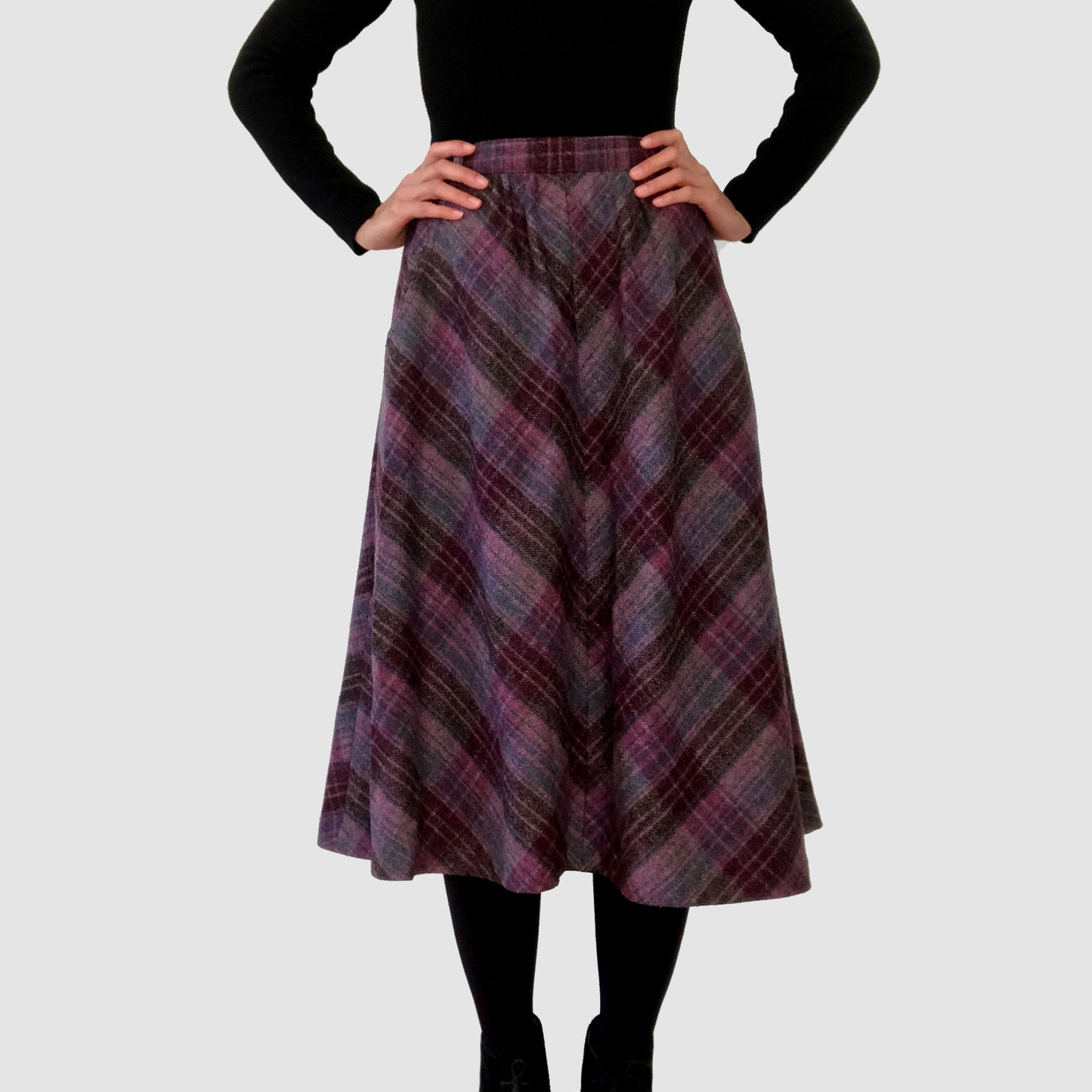 1960s Plum Plaid Wool A-line Skirt