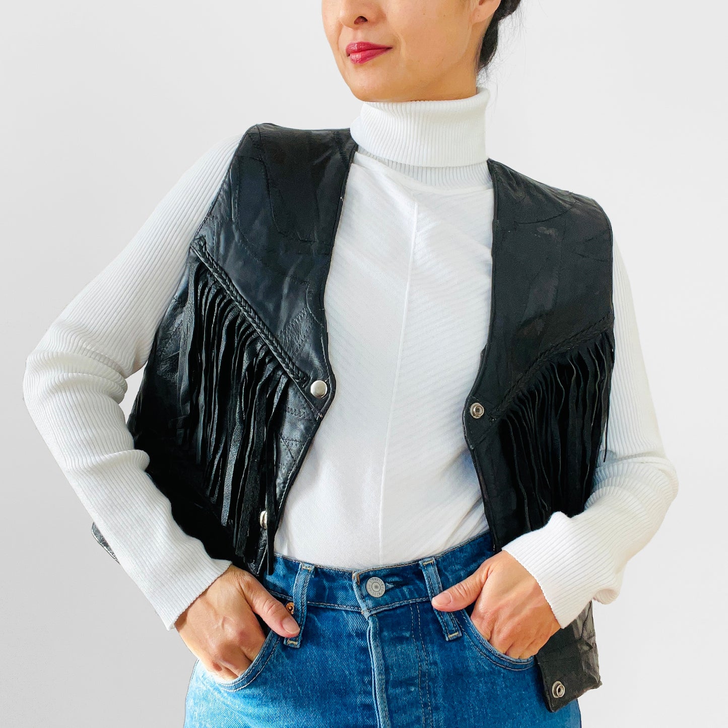 1970s Black Leather Patchwork Corset-Style Fringe Crop Biker Snap-Button Vest