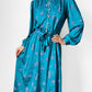 1970s Teal Floral Button-Front Belted Elastic Waist Dress - Sz. S