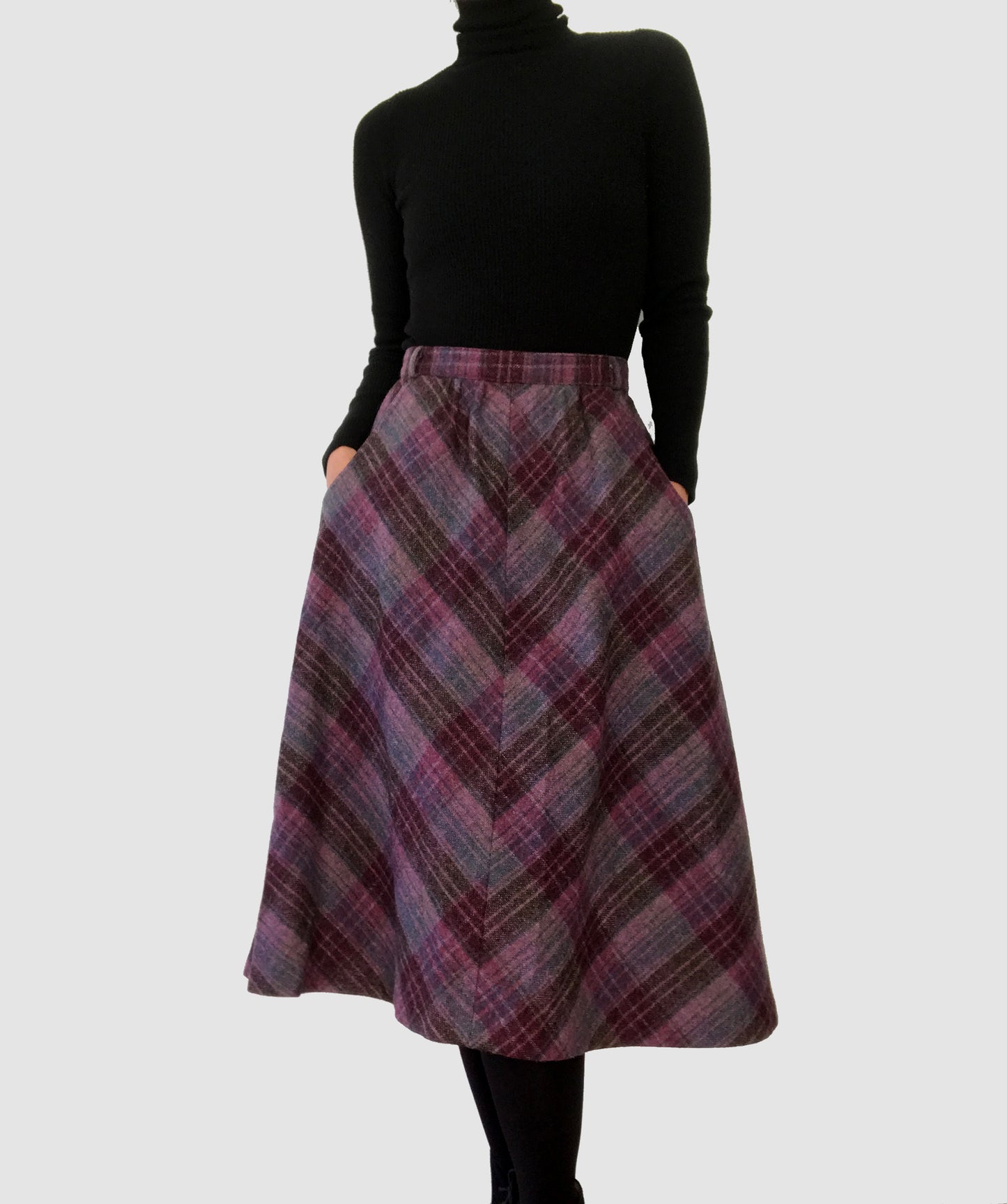 1960s Plum Plaid Wool A-line Skirt