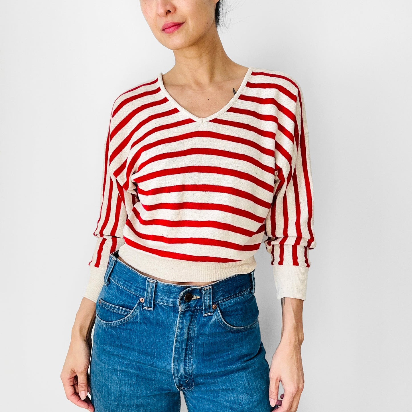 Red and Light Oatmeal Stripe Silk Blend Crop V-Neck Lightweight Knit Top