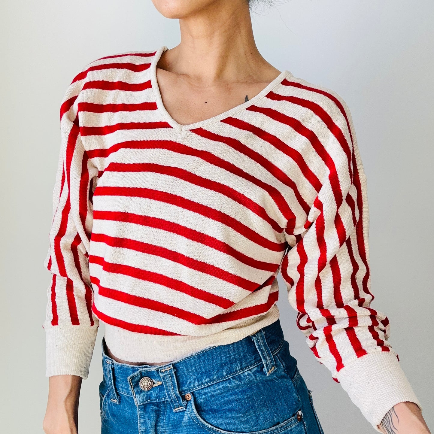 Red and Light Oatmeal Stripe Silk Blend Crop V-Neck Lightweight Knit Top