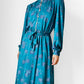 1970s Teal Floral Button-Front Belted Elastic Waist Dress - Sz. S