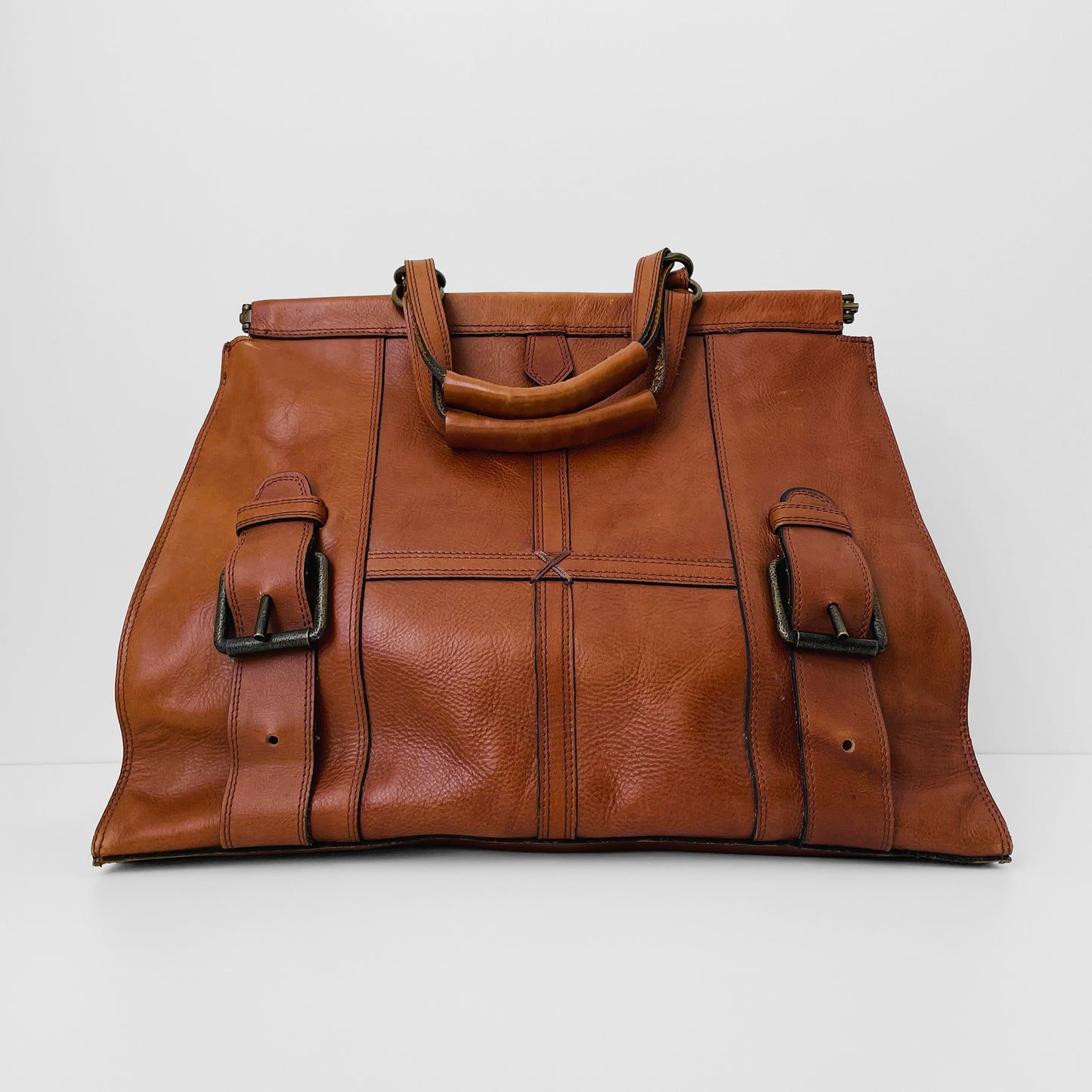 Buttery-Soft Hinged-Frame Top-Handle Tobacco Brown Leather Attache Bag