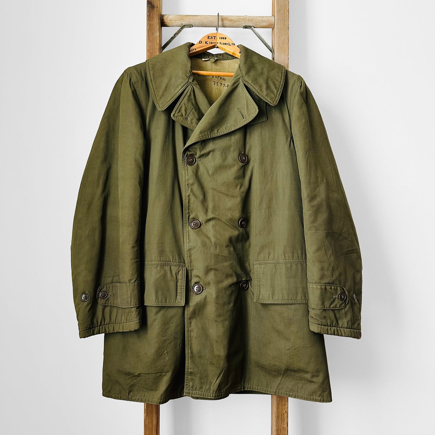 1940s - 1950s Olive Green Double Breasted Wool Lined Large Collar Army Military Field Jacket - M/L