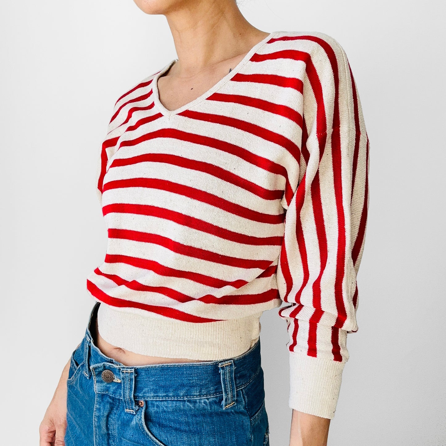 Red and Light Oatmeal Stripe Silk Blend Crop V-Neck Lightweight Knit Top