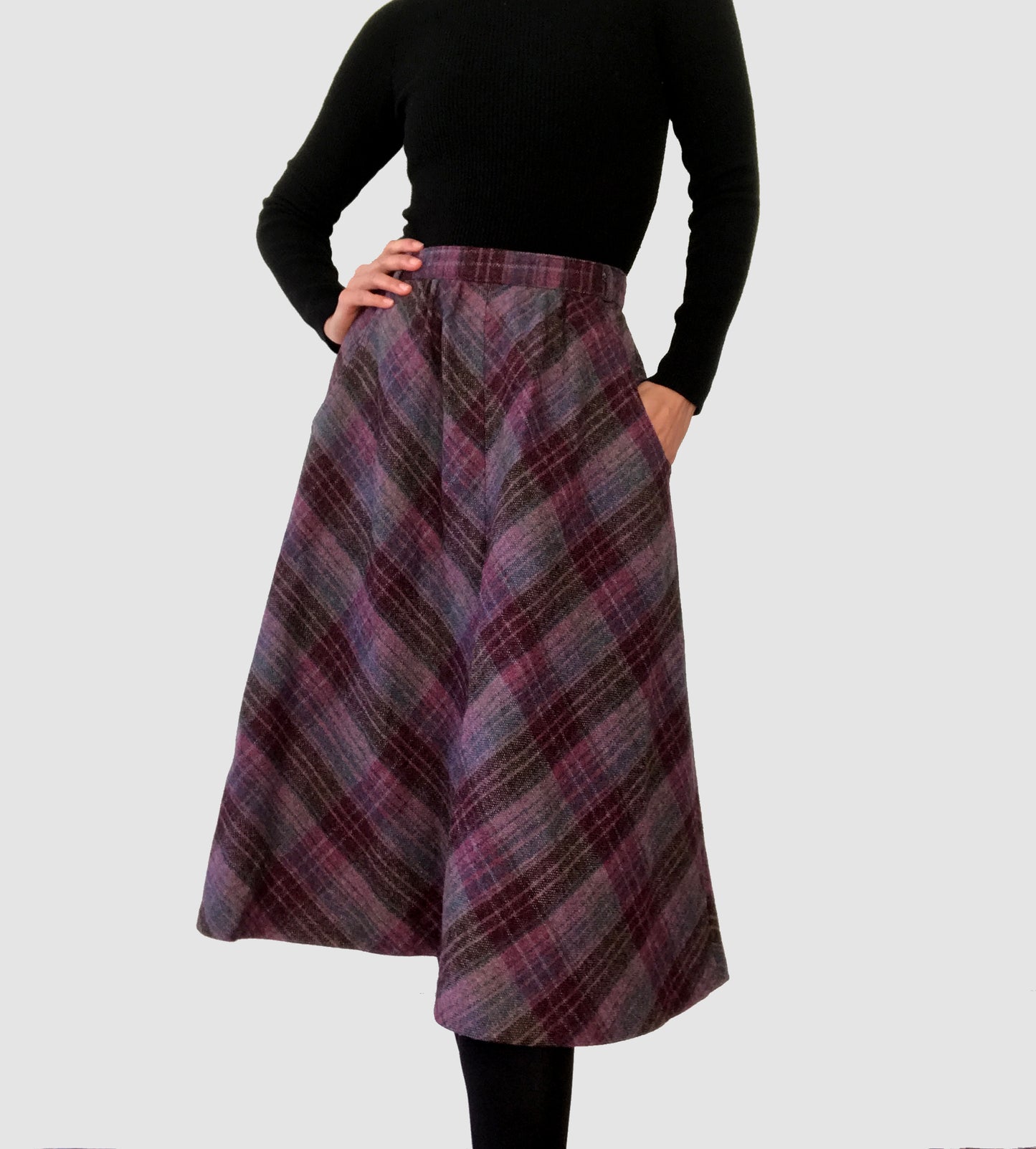 1960s Plum Plaid Wool A-line Skirt