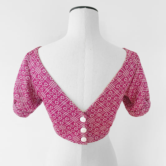 Upcycled 70s Berry Floral Handmade Wide-Neck Short-Sleeve Button-Back Crop Patterned Top