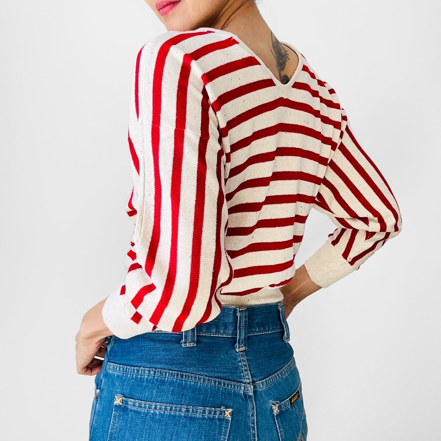 Red and Light Oatmeal Stripe Silk Blend Crop V-Neck Lightweight Knit Top