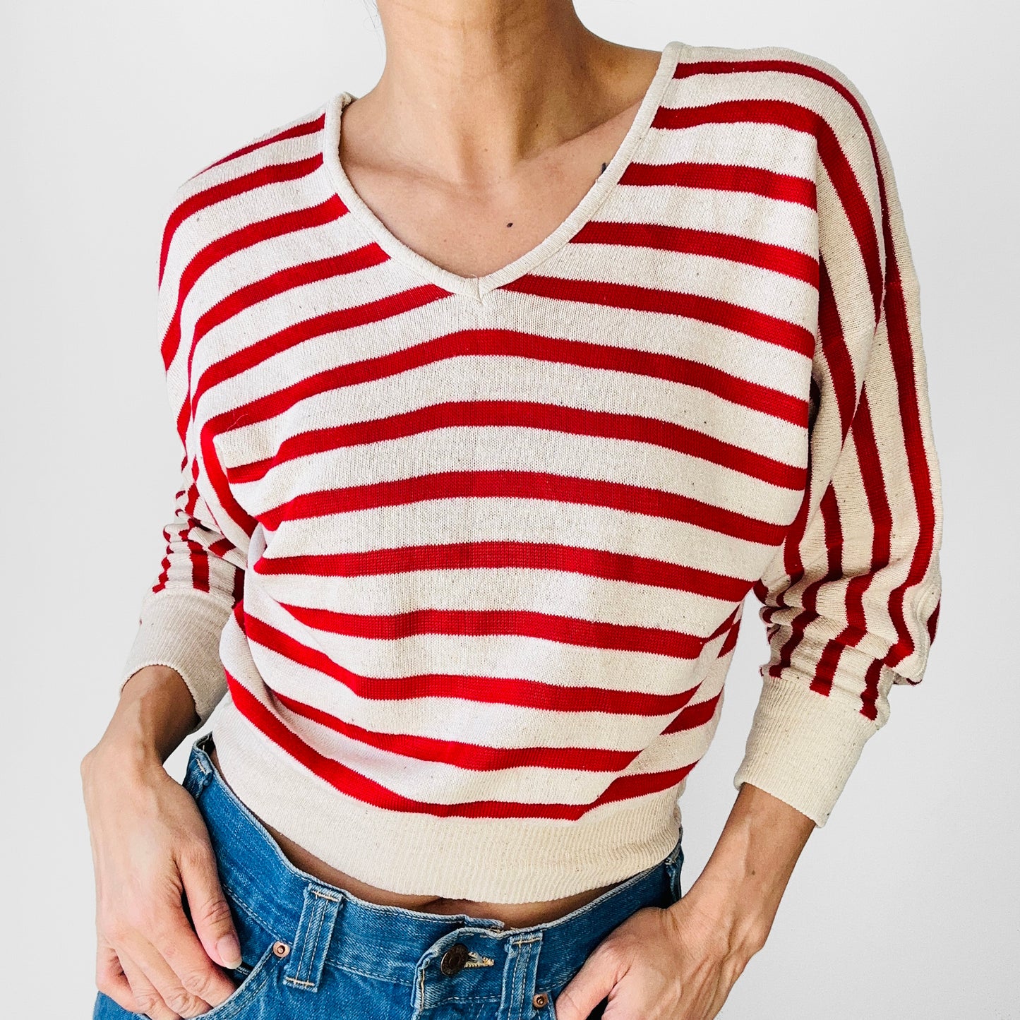 Red and Light Oatmeal Stripe Silk Blend Crop V-Neck Lightweight Knit Top