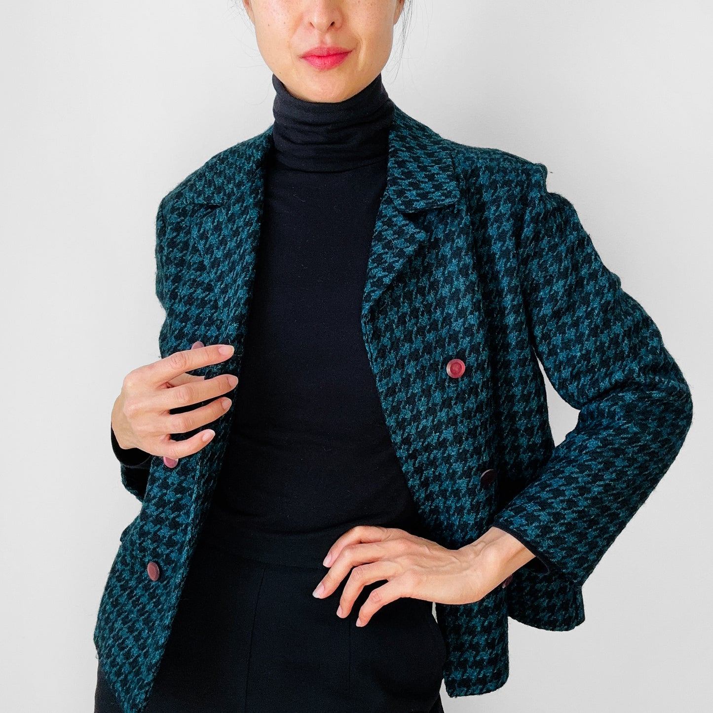 1960s Teal and Black Wool Houndstooth Double Breasted Short-Waisted Blazer Jacket - S/M