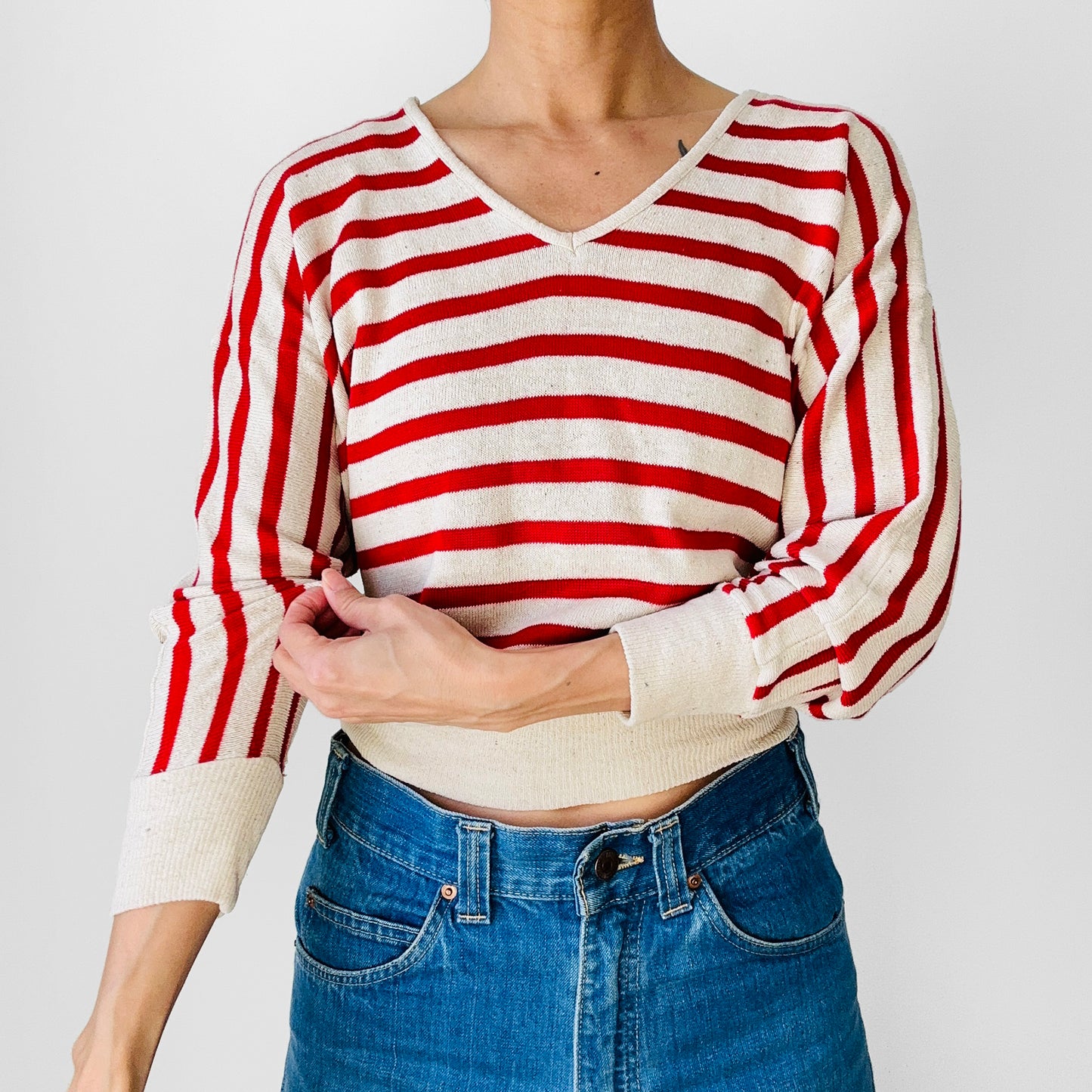 Red and Light Oatmeal Stripe Silk Blend Crop V-Neck Lightweight Knit Top