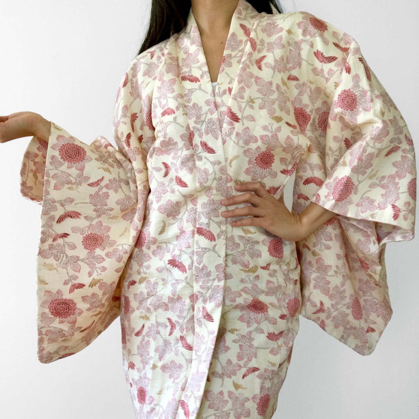 Silk-Blend Cream and Pink Botanical Haori Kimono Jacket