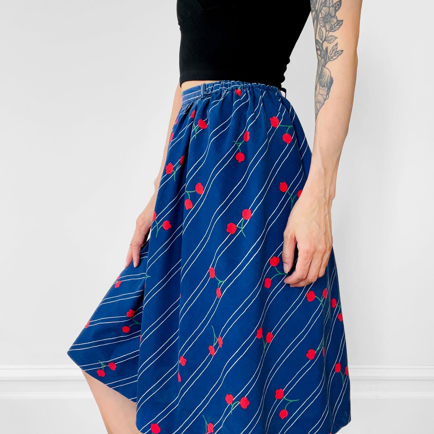 1970s Floral Patterned Cotton Stripe Summer Skirt