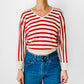 Red and Light Oatmeal Stripe Silk Blend Crop V-Neck Lightweight Knit Top