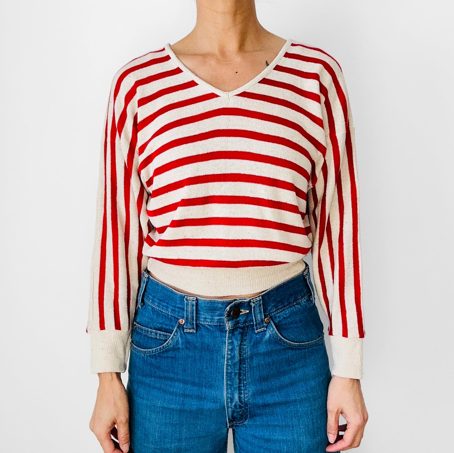 Red and Light Oatmeal Stripe Silk Blend Crop V-Neck Lightweight Knit Top