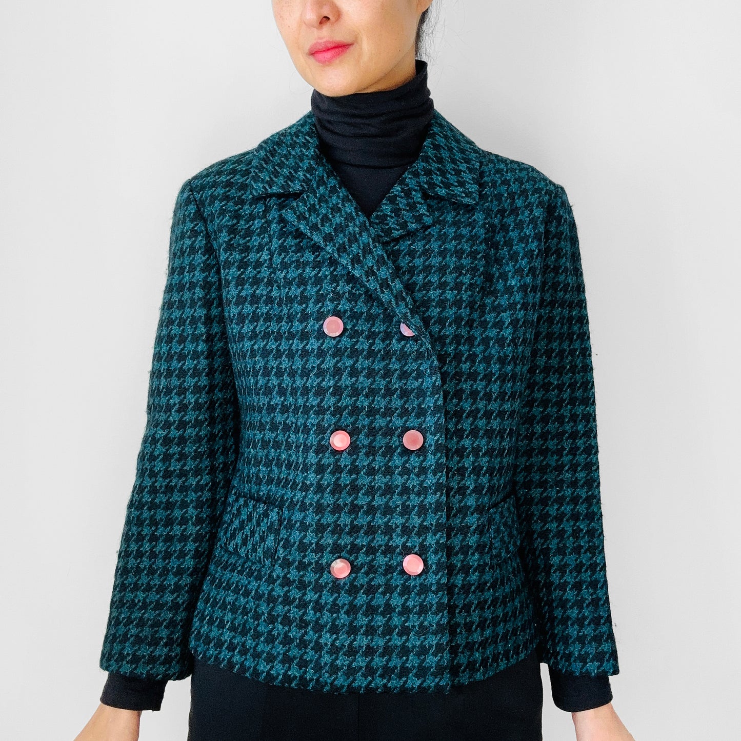 1960s Teal and Black Wool Houndstooth Double Breasted Short-Waisted Blazer Jacket - S/M